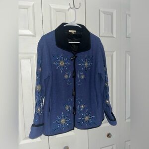 Carson size large blue & black toggle button up hand stitch embroidered jacket